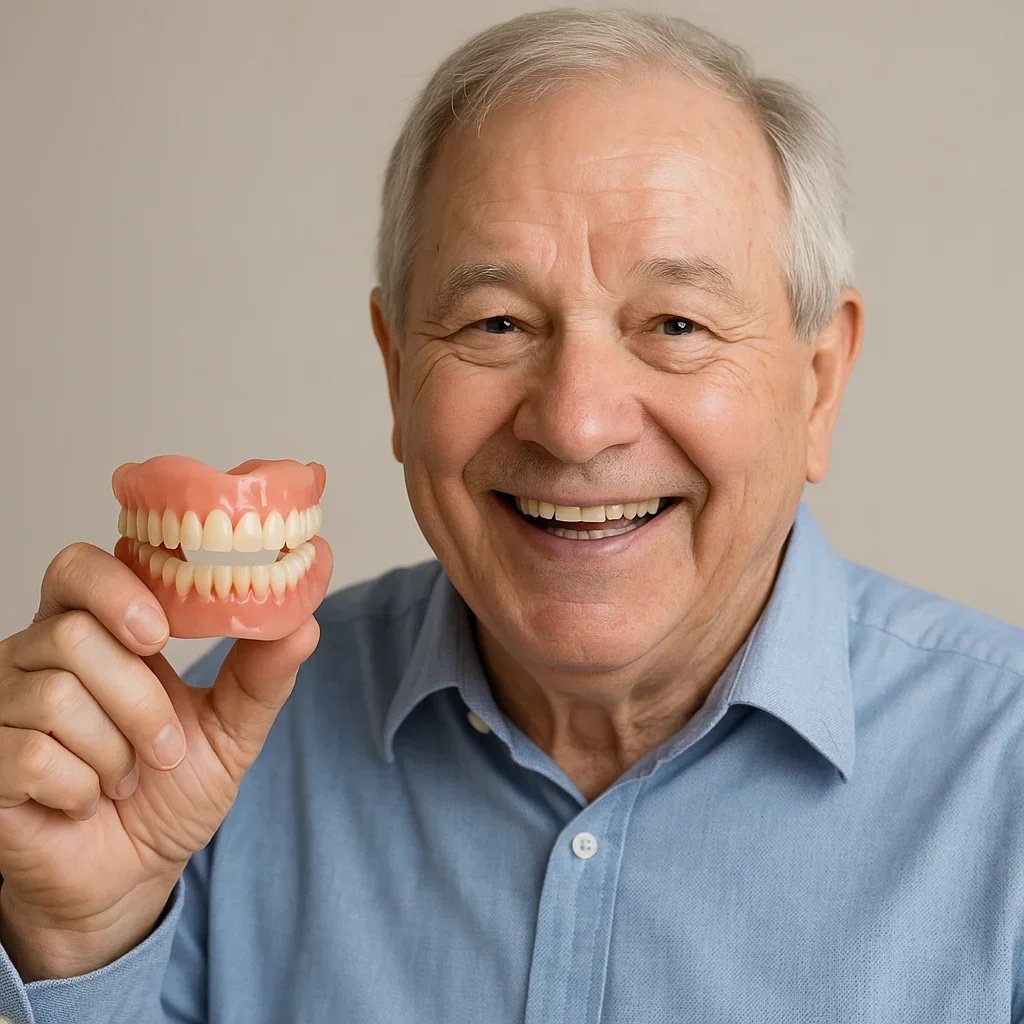 Peter Strepelias holding dentures